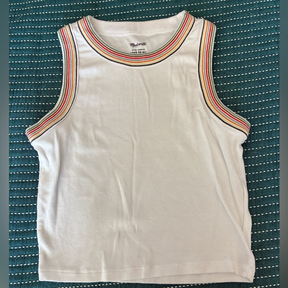 Madewell Cropped White Tank Top with Rainbow Trim
